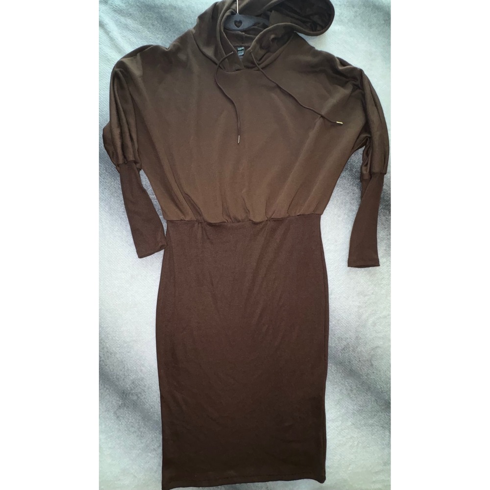 Shein Brown Hoodie Midi Dress XL 12 Long Sleeve Batwing Bodycon Streetwear NWOT